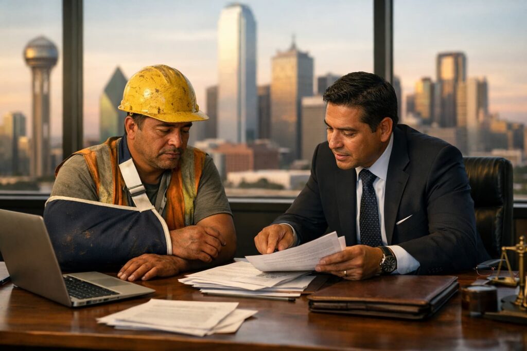 Abogado de lesiones laborales en Texas revisando documentos con trabajador de construcción con brazo en cabestrillo en oficina