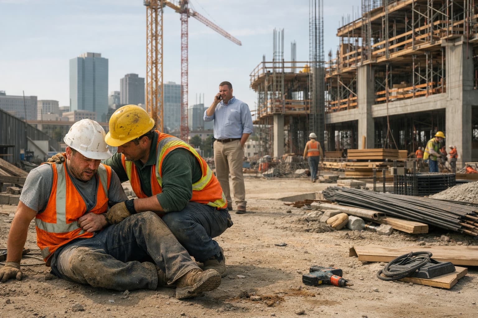 Injured construction worker receiving help on Fort Worth job site after workplace accident