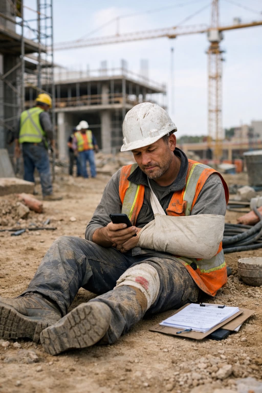 Injured construction worker on job site in Fort Worth using phone with arm in sling