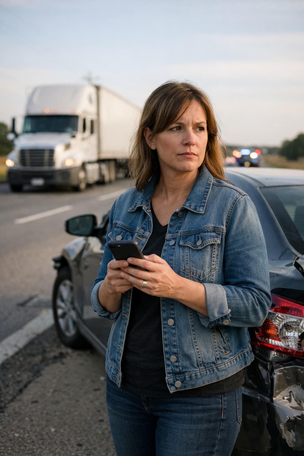 Woman holding phone after Fort Worth truck accident beside damaged car