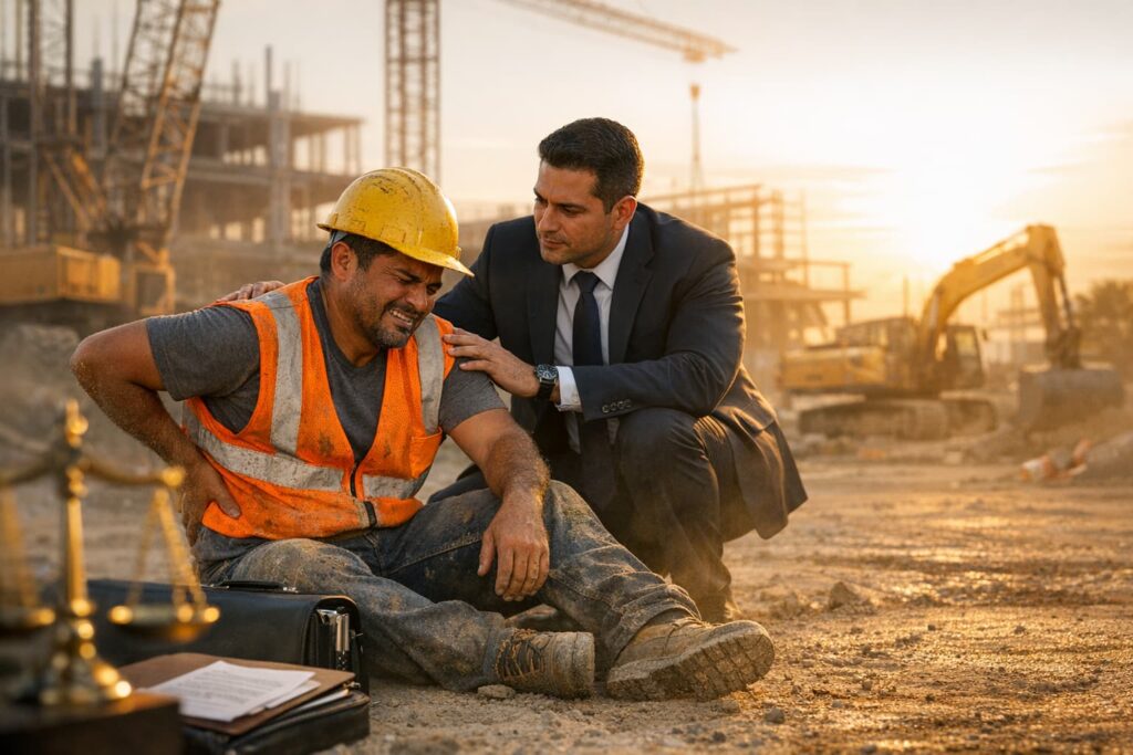 Trabajador de construcción lesionado siendo asistido por un abogado en un sitio de obra con maquinaria pesada al fondo