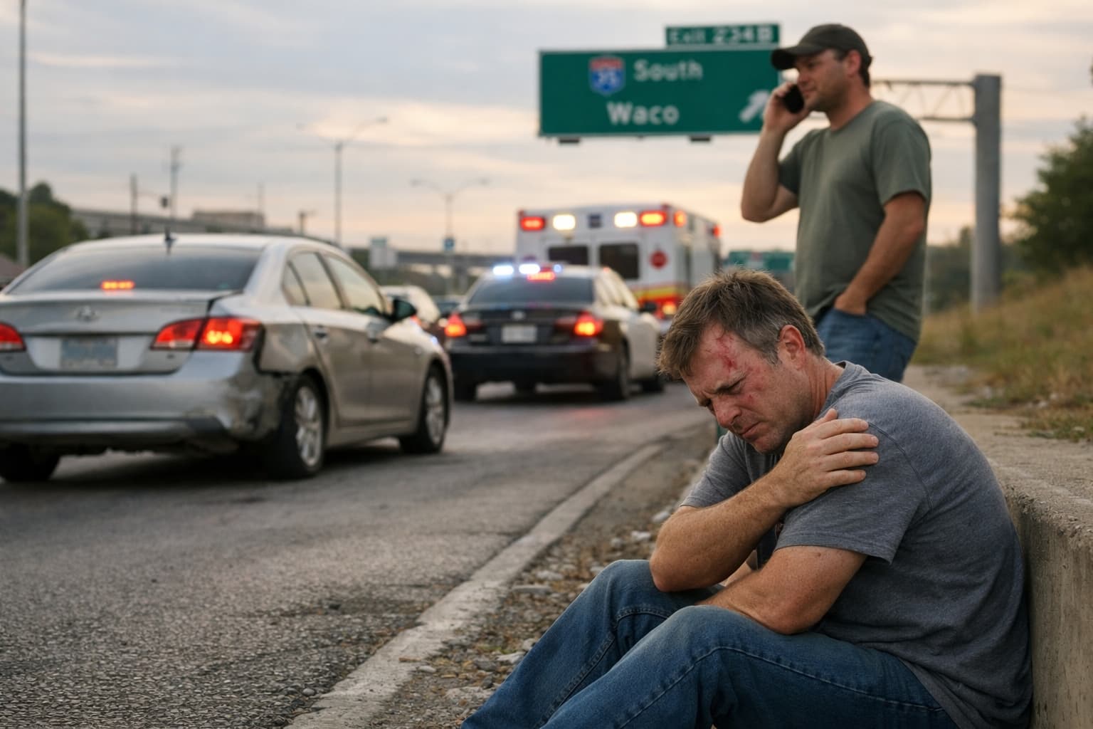 Injured man sitting roadside after Texas car accident with police and ambulance in background