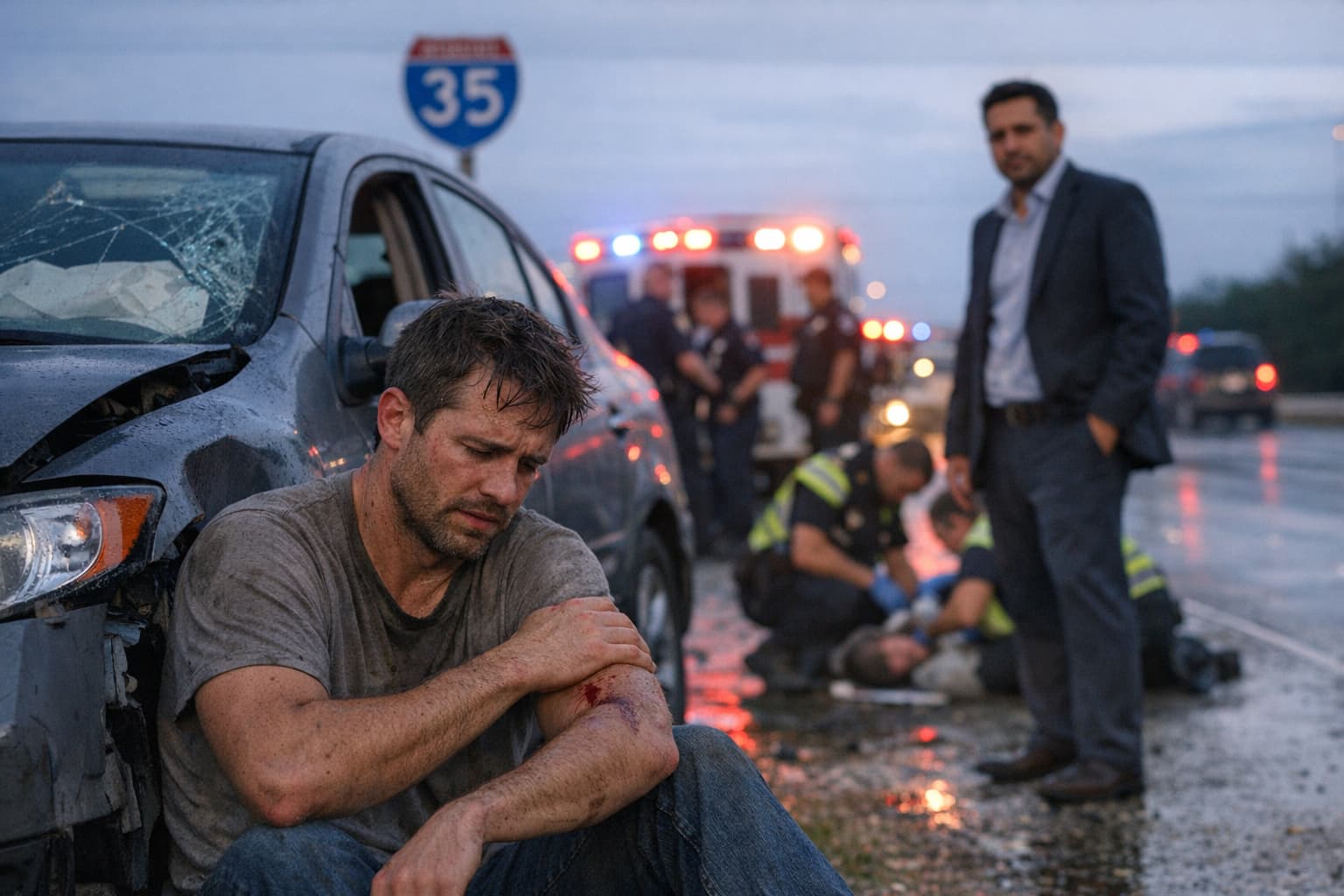 Injured man after Texas car accident with emergency responders at crash scene