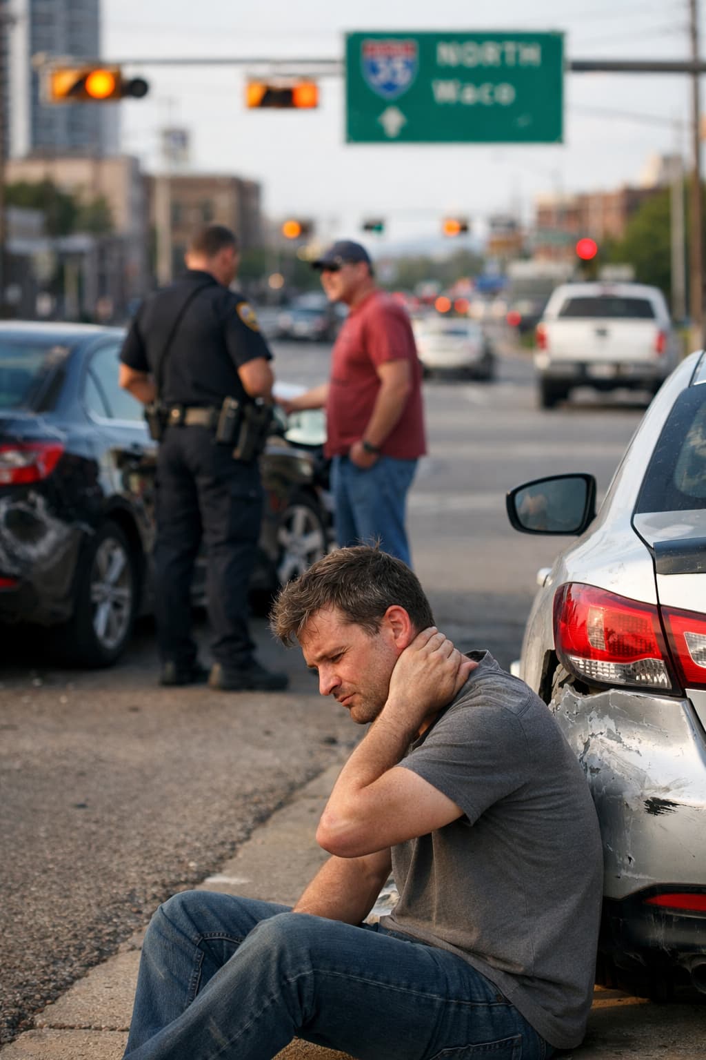 Injured man sitting after Texas car accident while police assess crash scene