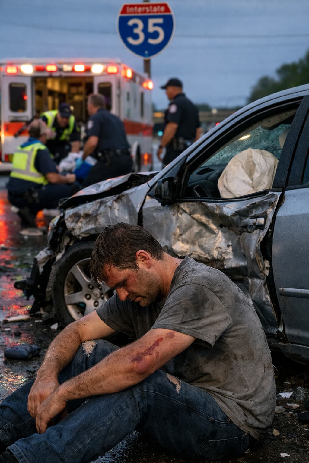 Injured man sitting by damaged car after Texas highway accident with emergency responders nearby