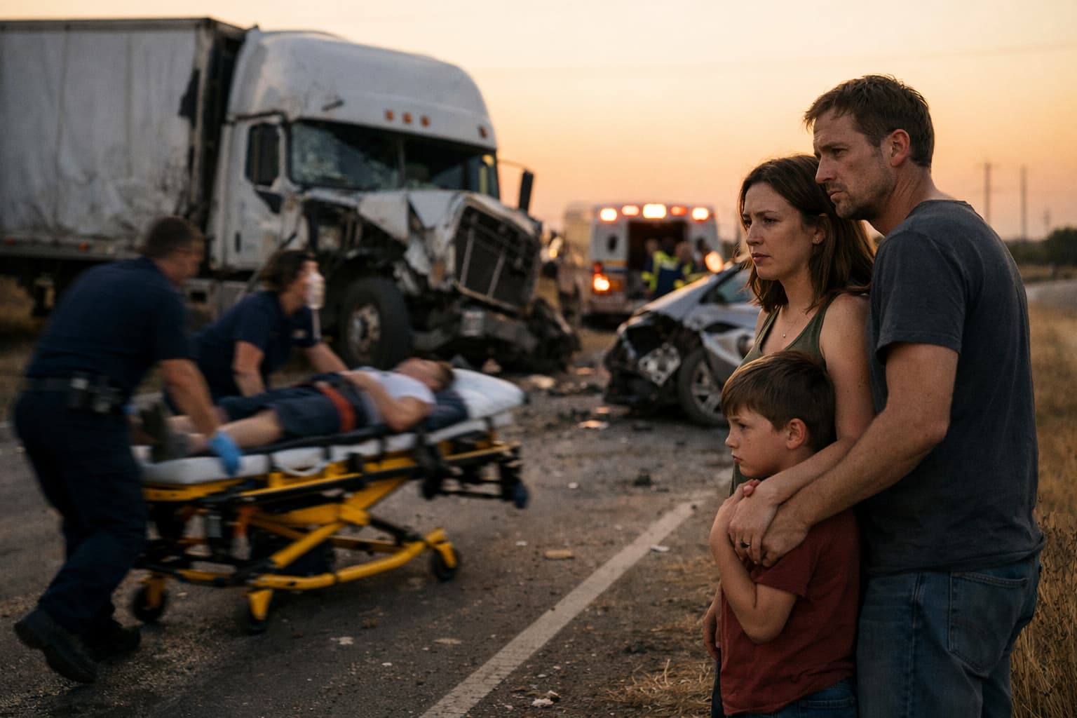 Family watching emergency response after Texas truck accident with injured victim on stretcher