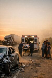 Emergency responders loading injured victim after Texas truck and car accident with family nearby