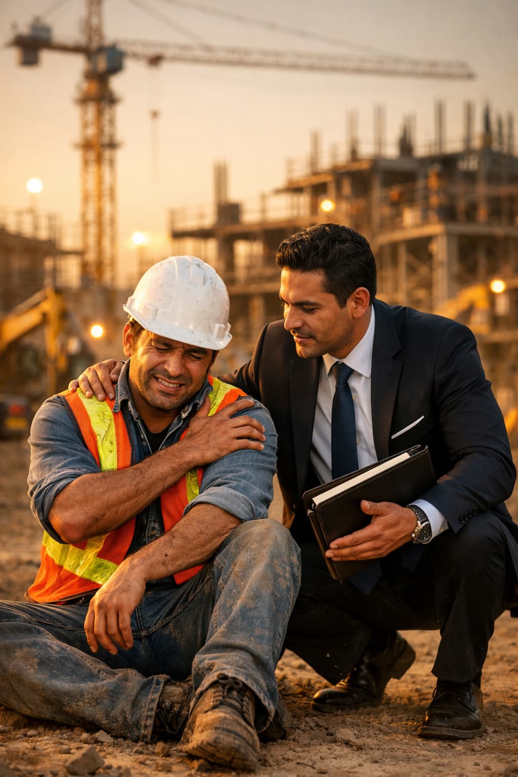 Trabajador de construcción con dolor en el hombro siendo asistido por un abogado en una obra en construcción al atardecer